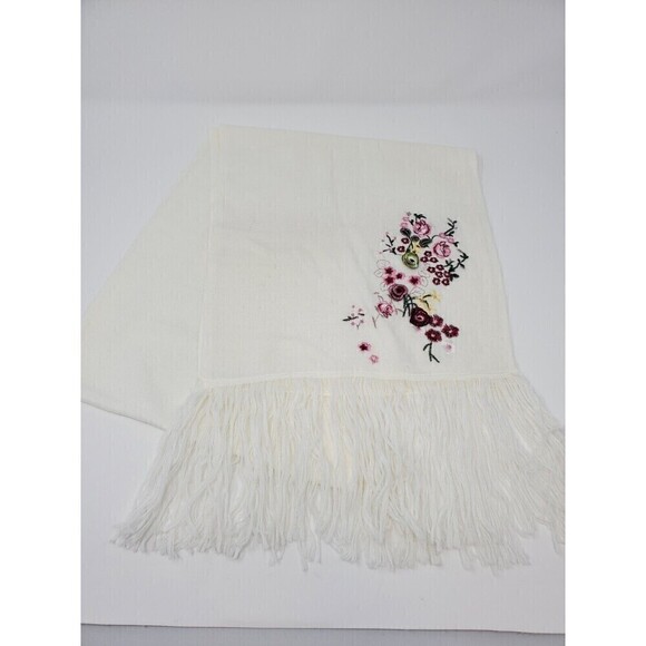 VINTAGE 100% CASHMERE CREAM LONG SCARF PINK FLOWERS EMBROIDERY WOMEN OS - Picture 6 of 12